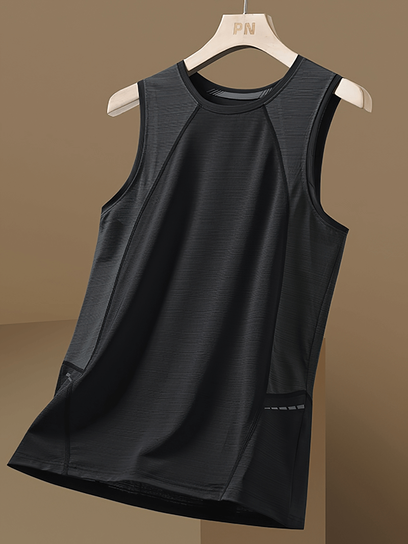 Stylish black patchwork O-neck men's tank top on a hanger, perfect for gym and casual wear, made from breathable elastic polyester.